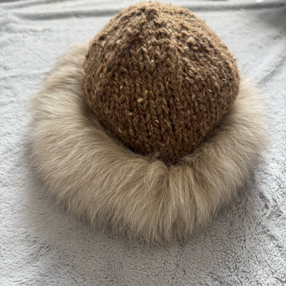 Vintage Lillie Rubin Knit Hat with Fox Fur – Chunky Tweed Wool Crown Size S/M
